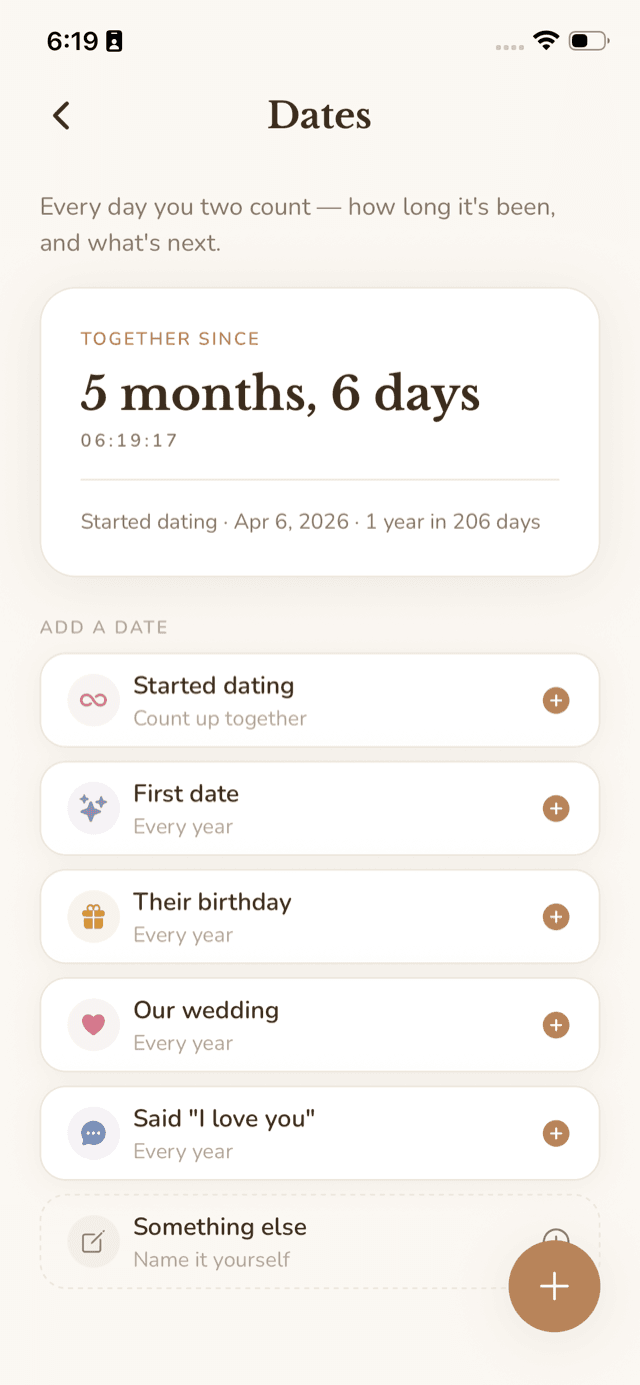 The Dates screen in Je t'aime